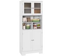 HOMCOM Alacena de Cocina Mueble Auxiliar de Cocina Aparador Alto con 2 Puertas de Vidrio Estantes Ajustables y Compartimentos Abiertos 60x30x145,5 cm Blanco