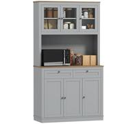 HOMCOM Alacena de Cocina, Mueble Auxiliar de Cocina, con 3 Puertas de Vidrio, Encimera Abierta para Microondas, 2 Cajones y Estantes Ajustables, 100x40x180 cm, Gris 100x40x180 cm