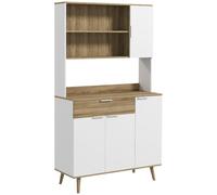HOMCOM Alacena de Cocina Alta con 4 Puertas 98x39x180cm Blanco y Natural | Mueble Auxiliar de Cocina, Estantes Ajustables, Cajón, Compartimentos Abiertos