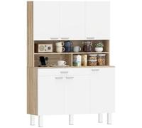 HOMCOM Alacena de Cocina Alta, Mueble Auxiliar de Cocina con 6 Puertas y Gran Cajón, Estantes, Encimera Amplia para Microondas, para Comedor, Salón, 120x40x175 cm, Blanco y Natural