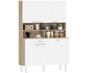 HOMCOM Alacena de Cocina Alta con 6 Puertas 120x40x175 cm Blanco y Natural | Mueble Auxiliar de Cocina, Gran Cajón, Estantes, Encimera Amplia para Microondas, para Comedor, Salón