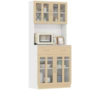 HomCom Alacena de cocina alta, 4 puertas vidrio, encimera microondas, 80x40x180cm, blanco y natural