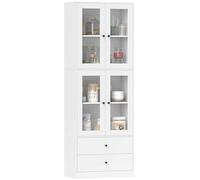 HOMCOM Alacena de Cocina Alta, Mueble Auxiliar de Cocina, con 4 Puertas de Vidrio, 2 Cajones, Estantes Ajustables, 59x30x170 cm, Blanco