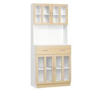 Homcom alacena de cocina alta, mueble auxiliar de cocina, con 4 puertas de vidrio, encimera abierta para microondas, cajón, estantes ajustables, 80x40x180 cm, blanco y natural