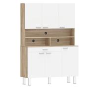 HOMCOM Alacena de Cocina Alta, Mueble Auxiliar de Cocina con 6 Puertas y Gran Cajón, Estantes, Encimera Amplia para Microondas, para Comedor, Salón, 120x40x175 cm, Blanco y Natural
