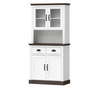 HOMCOM Alacena de Cocina Alta con 2 Cajones 80x38x170 cm Blanco y Marrón | Mueble Auxiliar de Cocina con Puertas de Cristal, Estantes Ajustables, Compartimento Abierto, para Comedor, Salón