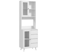 HOMCOM Alacena de Cocina Armario de Cocina Buffet Aparador con 2 Puertas de Vidrio Compartimentos Abiertos 4 Cajones y Estantes Ajustables 60x35x180 cm Blanco