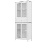 HOMCOM Alacena de Cocina con 1 Cajón 4 Puertas 74x35,5x181,5 cm Blanco | Armario de Cocina, 2 Estantes Ajustables, Vidrio Templado, Diseño Clásico, Salón Comedor