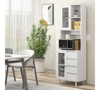 HOMCOM Alacena de Cocina Armario de Cocina Buffet Aparador con 2 Puertas de Vidrio Compartimentos Abiertos 4 Cajones y Estantes Ajustables 60x35x180 cm Blanco White 60x35x180cm