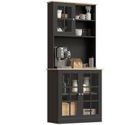 HOMCOM Alacena de Cocina, Mueble Auxiliar de Cocina, con 3 Puertas de Vidrio, Encimera Abierta para Microondas, Estantes Ajustables, Compartimentos Abiertos, 80x37x183 cm, Negro