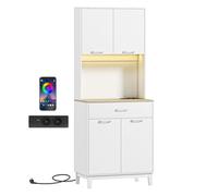 Homcom alacena de cocina con luces led y estación de carga, control por app, mueble auxiliar de cocina con 4 puertas, cajón, encimera abierta para microondas, estantes ajustables, 71x40x180 cm, blanco