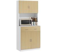 HOMCOM Alacena de Cocina con Puertas Cajón 80x40x180 cm Natural y Blanco | Mueble Auxiliar de Cocina, Estantes Ajustables, Antivuelco, para Comedor Salón