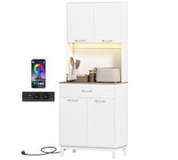 HOMCOM Alacena de Cocina, Luces LED, Estación de Carga, 71x40x180 cm Blanco | Control por APP, Mueble Auxiliar de Cocina, 4 Puertas, Cajón, Encimera Abierta para Microondas, Estantes Ajustables