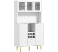 HOMCOM Alacena de Cocina Moderna con Armarios Cajón Botellero y Puertas de Vidrio y Estantes Ajustables 100x40x180 cm Blanco