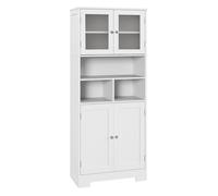 HOMCOM Alacena de Cocina Mueble Auxiliar de Cocina Aparador Alto con 2 Puertas de Vidrio Estantes Ajustables y Compartimentos Abiertos 60x30x145,5 cm Blanco