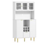 Homcom alacena de cocina mueble auxiliar de cocina aparador alto con 3 puertas de vidrio botellero cajón estantes ajustables y compartimentos abiertos 100x40x180 cm blanco 100 cm