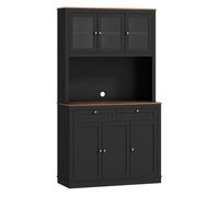Homcom alacena de cocina, mueble auxiliar de cocina, con 3 puertas de vidrio, encimera abierta para microondas, 2 cajones y estantes ajustables, 100x40x180 cm, negro 100 cm