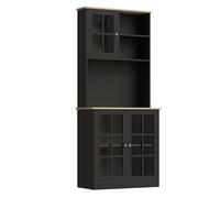 HOMCOM Alacena de Cocina, Mueble Auxiliar de Cocina, con 3 Puertas de Vidrio, Encimera Abierta para Microondas, Estantes Ajustables, Compartimentos Abiertos, 80x37x183 cm, Negro