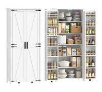HOMCOM Aparador alto cocina, armario de cocina, vaso, 2 puertas con ruedas, 6 compartimentos, 14 estantes y estantes ajustables, estilo rústico, para comedor, salón, 80 x 40 x 180 cm, color blanco