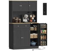 HOMCOM Aparador Alto con Puertos USB 6 Puertas 100x40x173cm Negro | Armario de cocina con encimera, especiero, estantes ajustables, unidad de almacenamiento, para sala de estar y comedor