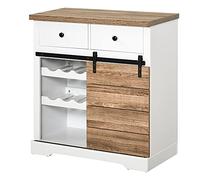 HOMCOM Aparador Armario de Cocina Aparador de Cocina Mueble Botellero para 6 Botellas con Puerta Corredera de Granero y 2 Cajones Estilo Rústico para Salón Comedor 80x39x86 cm Blanco y Natural