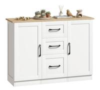 HOMCOM Aparador bajo, 2 Puertas, 110x35x80,4 cm, Blanco Madera Natural | Mueble de almacenaje, cierre suave, 3 cajones, estilo moderno, aparador para comedor, cocina