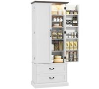 HOMCOM Aparador Cocina Alto con LED Sensor 2 Puertas 76x39,5x183cm Blanco | Armario de cocina, 10 estantes para especias, 2 cajones, estantes ajustables, para salón y comedor