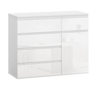 Homcom aparador con 5 cajones, aparador de salón con estantes ajustables, puerta de cierre suave, para cocina, entrada, dormitorio, blanco brillo, 100x40x80 cm