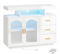 HOMCOM Aparador con LED RGB de 7 Colores Tomas Puertos USB 3 Cajones Estantes Abiertos 2 Puertas Blanco Brillante 100x35x80 cm