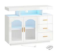 Homcom aparador con led rgb de 7 colores, tomas y puertos usb, aparador de salón de alto brillo con 3 cajones, estantes abiertos, 2 puertas de acrílico, cierre suave, para tv 72", blanco, 100x35x80 cm