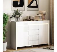 HOMCOM Aparador con Luces LED 4 Cajones Cierre Suave 120x34x80 cm Blanco Brillo White