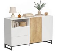 HOMCOM Aparador de 2 Puertas 2 Cajones Estrecho 140x40x85 cm Blanco y Roble | Aparador de Salón Estrecho, Compartimento Abierto, Armario de Cocina con Estante Ajustable, para Entrada, Dormitorio