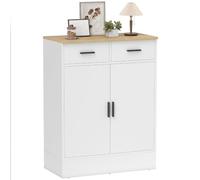 HOMCOM Aparador de 2 Puertas, Aparador de Salón con 2 Cajones y Estantes Ajustables, para Cocina, Entrada, Dormitorio, Blanco y Natural, 68,6x35x90,3 cm