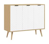 HOMCOM Aparador de 3 Puertas, Aparador de Salón con Estantes Ajustables, Patas de Madera, Puertas con Patrón de Espiga, para Cocina, Entrada, Dormitorio, Blanco y Natural, 91,5x35x77,4 cm