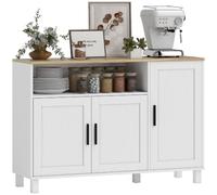 HOMCOM Aparador de 3 Puertas de Cierre Suave Blanco 110x33x75cm | Aparador de Salón, Estantes Ajustables, Compartimento Abierto, Patas de Madera, para Entrada, Dormitorio