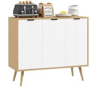 HOMCOM Aparador de 3 Puertas Patas Madera 91,5x35x77,4 cm Blanco y Natural | Aparador de Salón, Estantes Ajustables, Puertas con Patrón de Espiga, para Cocina, Entrada, Dormitorio, Comedor