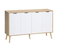 HomCom Aparador 4 puertas – Estantes ajustables, patas de madera, patrón de espiga, blanco/natural