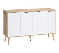 HOMCOM Aparador de 4 Puertas Patas Madera 120x35x77,4 cm Blanco y Natural | Aparador de Salón, Estantes Ajustables, Puertas con Patrón de Espiga, para Cocina, Entrada, Dormitorio, Comedor