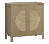 Homcom aparador de cocina con 2 puertas de ratán sintético, mueble auxiliar de cocina con estante ajustable y 2 tiradores, mueble de buffet para comedor, salón, 75x38x77 cm, madera natural