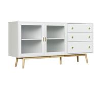 HOMCOM Aparador de Cocina Moderno Aparador de Salón Mueble Vitrina con 2 Puertas de Vidrio 3 Cajones y Patas de Madera de Caucho para Comedor 160x40x80 cm Blanco White