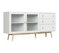 HOMCOM Aparador de Cocina Moderno Aparador de Salón Mueble Vitrina con 2 Puertas de Vidrio 3 Cajones y Patas de Madera de Caucho para Comedor 160x40x80 cm Blanco White 160x40x80cm