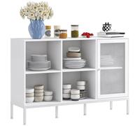 HOMCOM Aparador de Cocina Mueble Aparador con Puerta de Malla 4 Compartimentos Abiertos y Estante Ajustable Mueble de Cocina Moderno Bueffet para Salón Comedor 120x37x81,5 cm Blanco