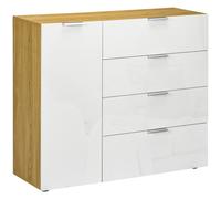 HOMCOM Aparador de Salón Cajonera y Cómoda con 4 Cajones de de Alto Brillo Puerta y Estantes Ajustables para Comedor Dormitorio 105x35x92 cm Blanco y Natural White 105x35x92cm
