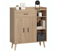 HOMCOM Aparador de Salón Moderno con 2 Puertas 1 Cajón y 3 Estantes Abiertos Mueble Auxiliar de Almacenaje para Cocina Dormitorio Entrada Antivuelco 80x30x96,5 cm Natural