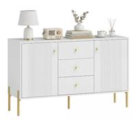 HOMCOM Aparador Moderno de 2 Puertas con Blanco 120x39,1x76 cm | Aparador de Salón, 3 Cajones, Estantes Ajustables, Encimera con Efecto Mármol, Patas de Acero, Cocina, Entrada, Dormitorio