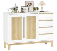 HOMCOM Aparador, Mueble de almacenamiento con 2 puertas y 4 cajones, estante ajustable, patas de madera de goma, estilo nórdico, aparador comedor, cocina y sala de estar, 120 x 40 x 86 cm, blanco y