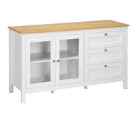 HomCom Aparador armario auxiliar 2 puertas de vidrio 3 cajones estante ajustable 120x40x70 cm Blanco