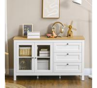 HomCom Aparador armario auxiliar 2 puertas de vidrio 3 cajones estante ajustable 120x40x70 cm Blanco