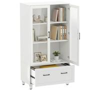 HOMCOM Archivador Vertical con Puertas de Cristal Cajón 75x40x141 cm Blanco | Armario de Oficina con 3 Estantes y Barras Ajustables para Archivos Tamaño A4, Carta y Legal, para Estudio, Salón