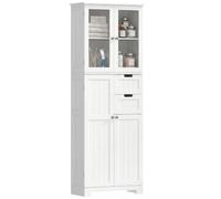 HOMCOM Armario Alto baño, Puertas Vidrio, estantes Ajustables, Blanco | Armario de baño moderno de suelo, cajones, torre de ropa independiente
